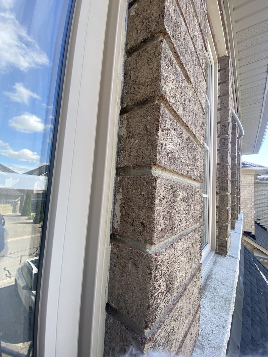 Before: Brick window, jamb — old bead cut out, new bead tooled frame to brick